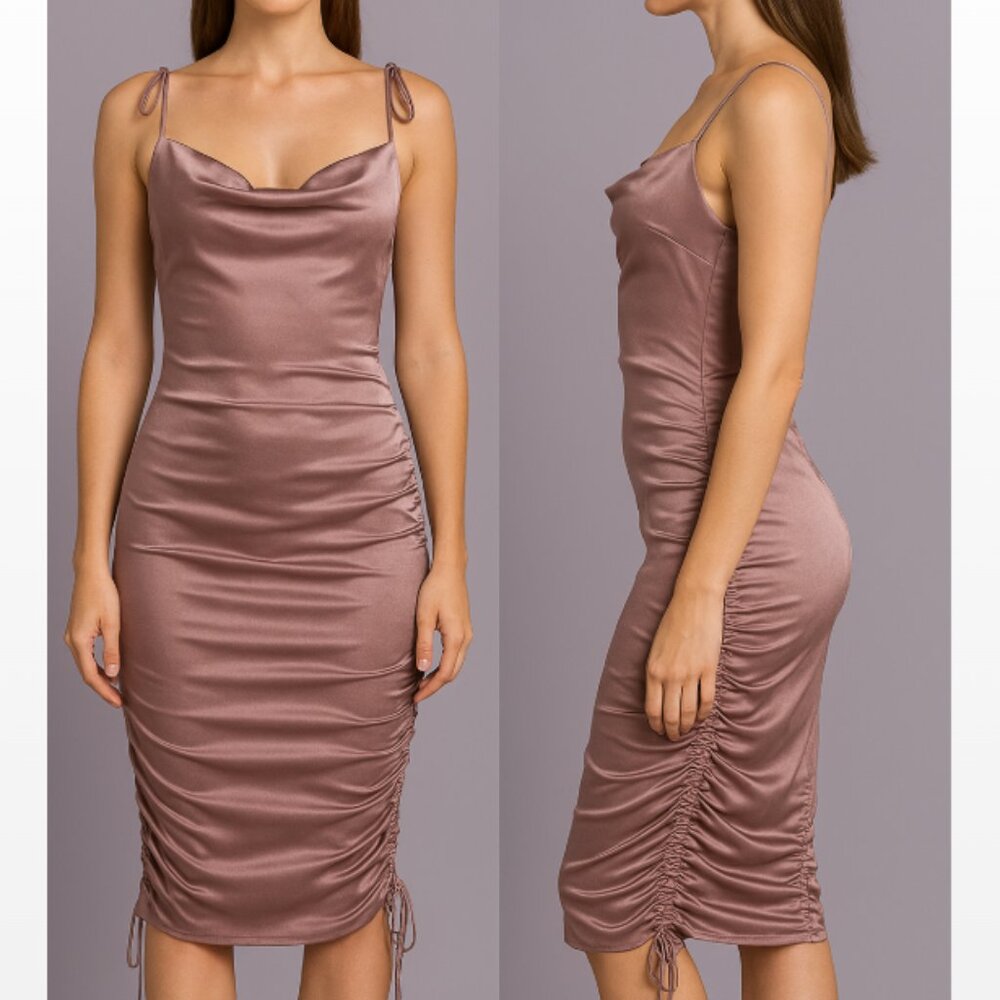 Half Island Satin Shoulder Tie Adjustable Side Hem Scrunching Cowl Neck Dress